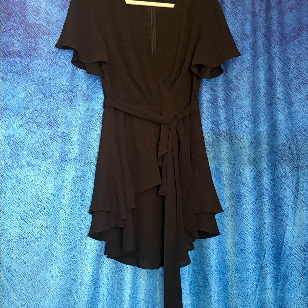 Women's Black Asymmetrical Ruffle Wrap Dress with Tie Waist